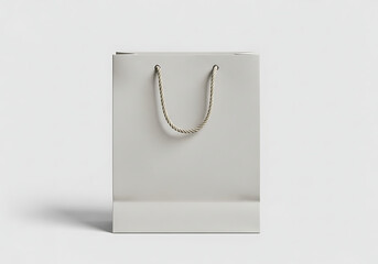 A minimalist white paper shopping bag with a braided rope handle, presented against a clean, light gray background, casting a subtle shadow.