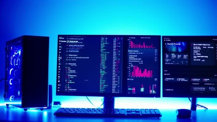 Data analyst Working on Multiple Computer Monitors Displaying Stock Market Charts in a Modern Office - Powered by Adobe