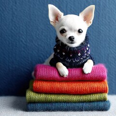 Adorable Chihuahua Puppy Wearing a Knit Sweater on a Stack of Colorful Blankets