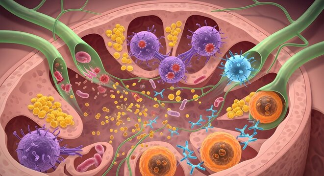 Detailed illustration of immune cells and lymph node within lymphatic system