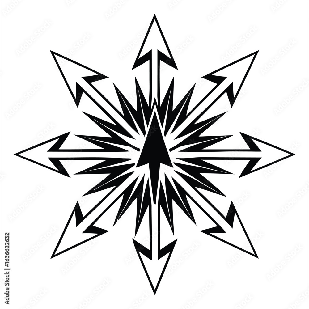 Poster a striking black and white graphic design featuring a central arrow exploding outwards with multiple
