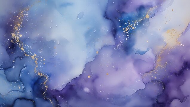 Elegant blue and purple abstract watercolor background with golden sparkles for design