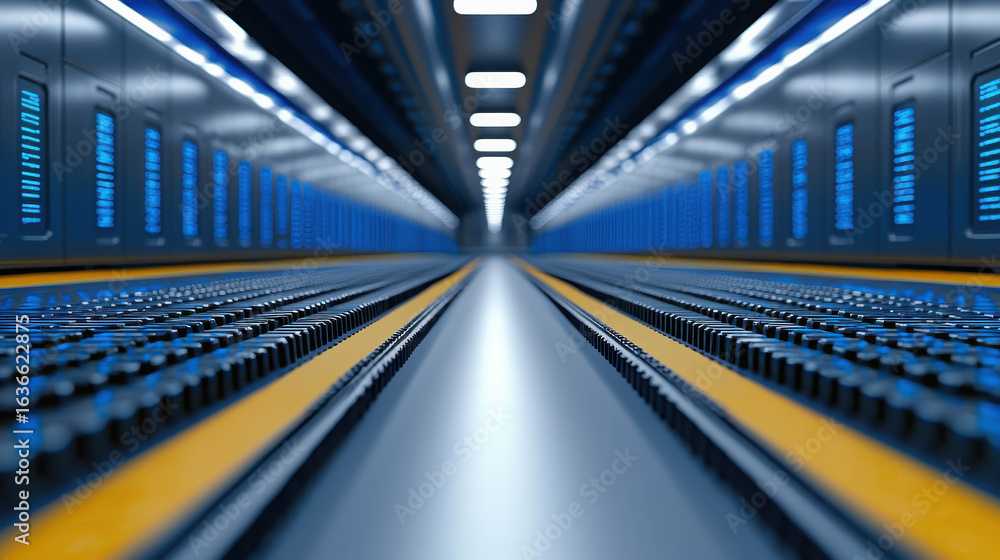 Poster futuristic server room with rows of high-tech racks and glowing led displays for data storage and ma