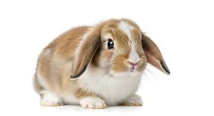 A small, light brown and white rabbit sits calmly against a white background.