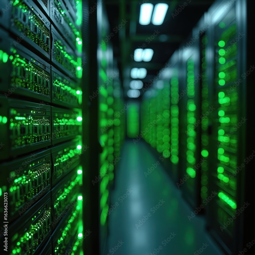 Poster bright green server lights indicate activity within data center during night operations. rows of ser