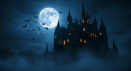 Eerie Halloween Scene with Pumpkins and Creepy Castle. Spooky old gothic castle, foggy night, haunted mansion