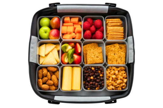 Meal prep lunch box with a variety of healthy snacks isolated with transparent background