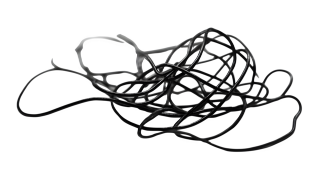 Curvy black string or wire loosely arranged on a white background
