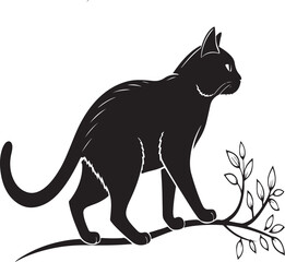 Black cat perched on a branch with leaves sitting
