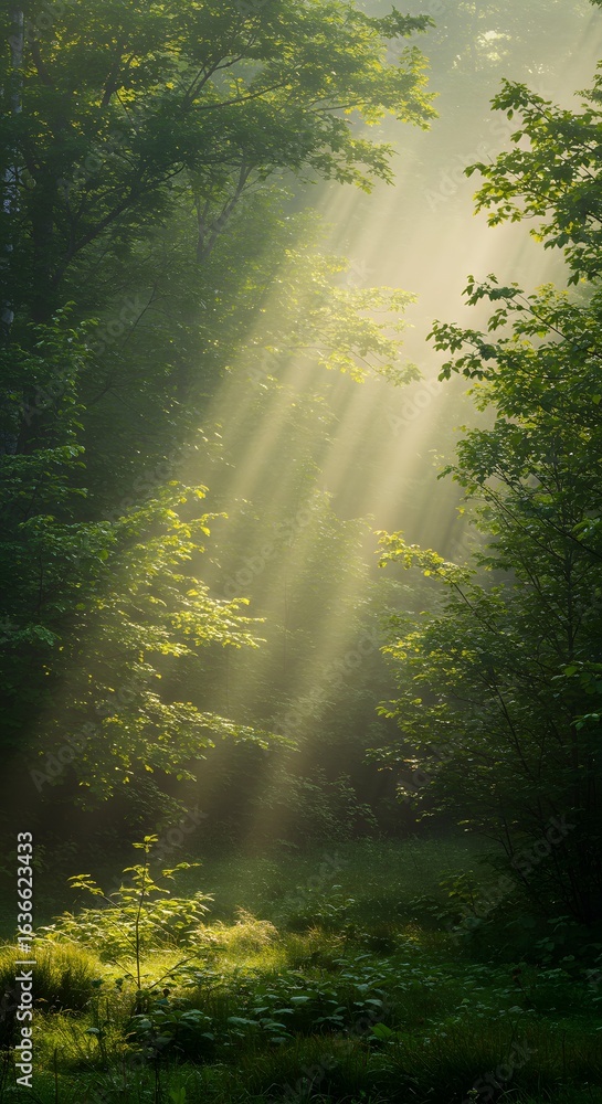 Poster sun rays stream through the dense green foliage of a forest, creating a serene and ethereal atmosphe