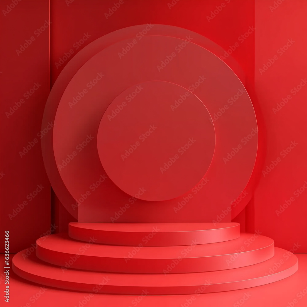 Poster a vibrant circular red podium sits centered against red background, creating a bold, monochromatic, 