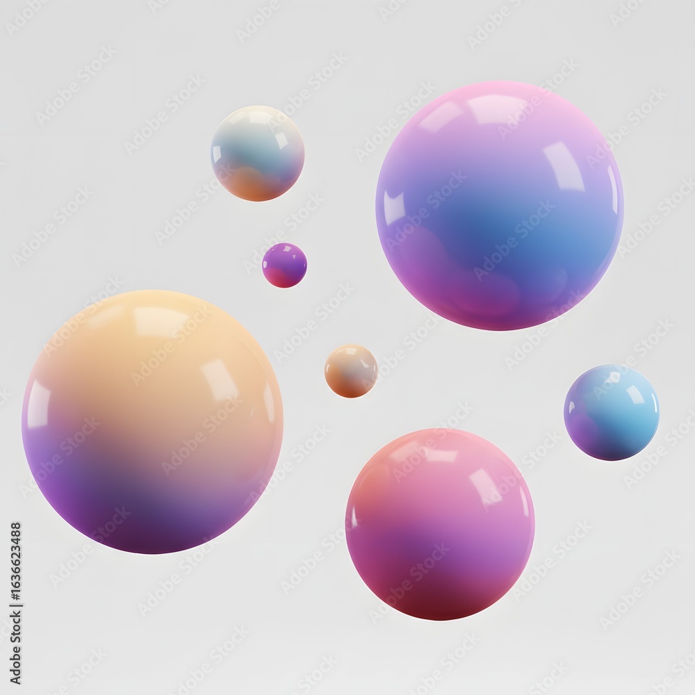 Poster a collection of glossy, gradient-colored spheres floating against a light gray background, creating 