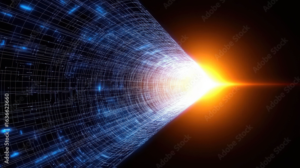 Poster abstract depiction of a bright light emerging from a digital tunnel composed of glowing lines and ge