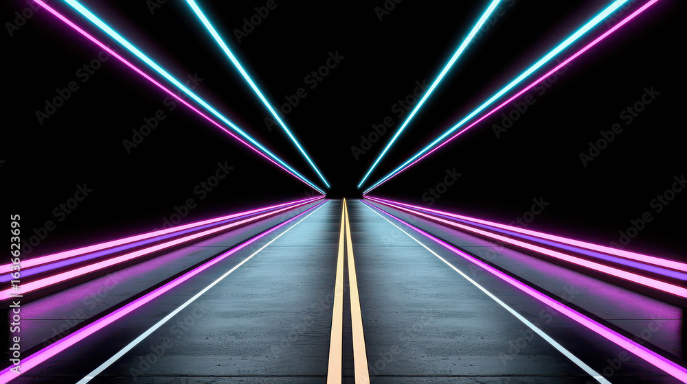 Poster futuristic neon lights create a pathway of colorful vividness on a dark background for digital art a