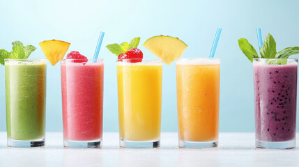 Fototapeta premium Refreshing smoothie drinks in vibrant colors, garnished with fruits and mint, perfect for healthy lifestyle