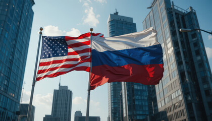 Obraz premium International relations united states and russia flags urban landscape digital photography daytime patriotic concept