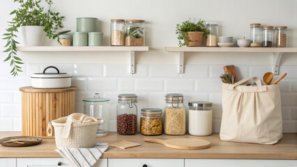 Aesthetic kitchen scene with fresh herbs, wooden utensils, and jars filled with grains offers a warm, inviting, eco-friendly lifestyle vibe, perfect for a modern, sustainable home decor concept