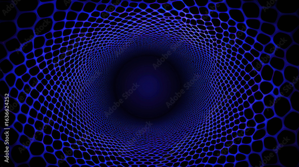Poster abstract deep blue background with hexagonal mesh pattern creating a hypnotic tunnel effect, ideal f