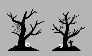 Set of Halloween black dead tree and white skull. 
Fall Halloween scary tree flat stock vector illustration design.
Good for greeting card,poster, banner, leaflet.