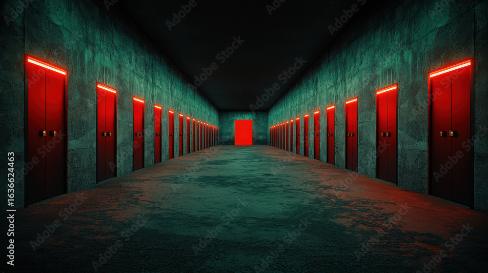 Poster mysterious corridor with multiple red doors, illuminated with neon lights, creating an eerie atmosph