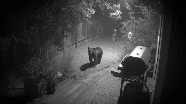 Curious black bear slowly approaches and topples a backyard grill &mdash; captured by a static night-vision security camera