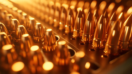 Hyperrealistic display of newly manufactured ammunition with metallic shine