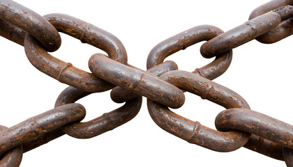 Fototapeta premium Crossed chain links – Two weathered metal chain links crossed in X shape, chain PNG, Rustic, vintage