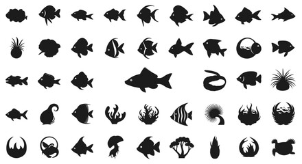 Collection of Illustrated Silhouette Fish Species and Aquatic Plants