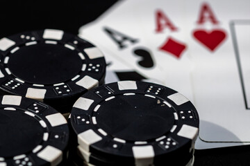 Casino chips and cards on the table. Gambling concept