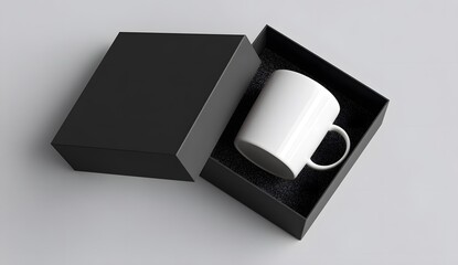 White mug in black gift box mockup for branding and product presentation use