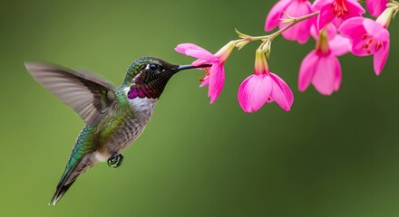 Fototapeta premium Hummingbird sipping nectar from pink flowers
