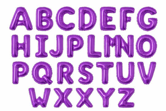 Collection of Purple Foil Alphabet Letter Balloons Displayed in Order Against a Black Background