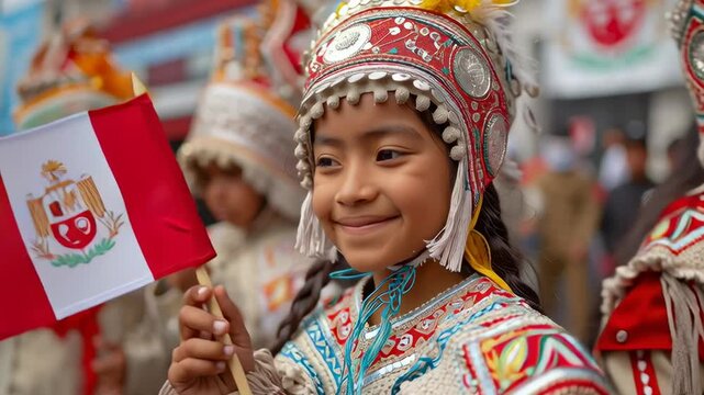Smiling girl in traditional Peruvian attire holding the national flag during a festive street parade.
