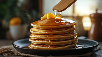 Buttery pancakes dripping with syrup