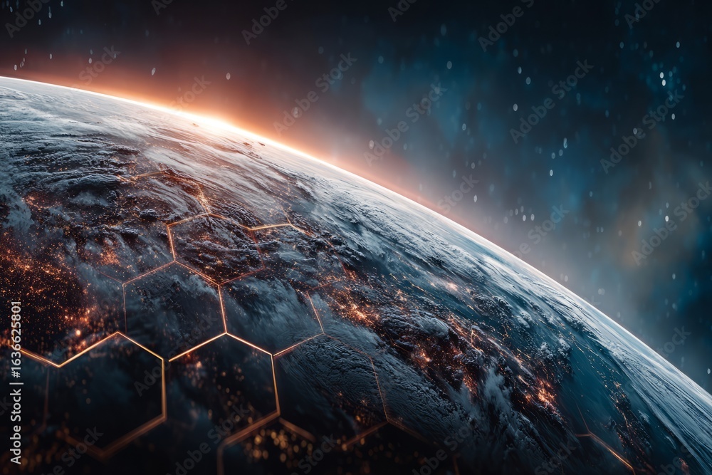 Poster a blue and white planet with a hexagonal background