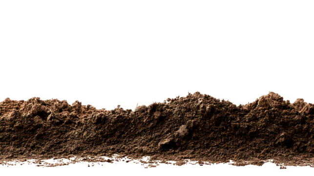Brown humus soil forming a bottom border pile on a white background