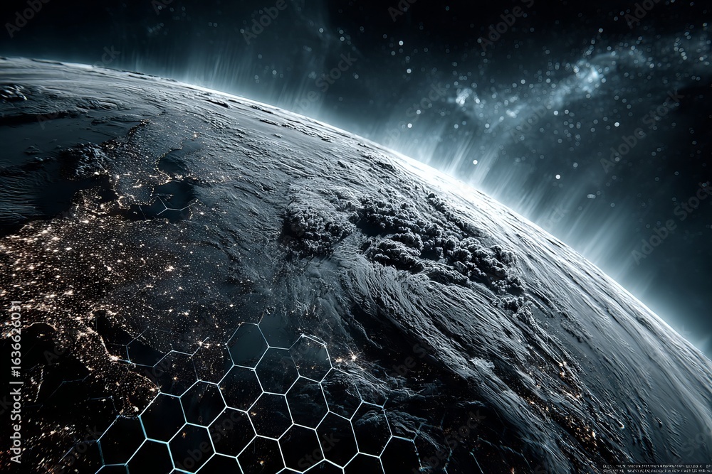 Poster a blue and white planet with a hexagonal background