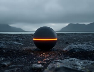 Futuristic glowing sphere on rocky beach landscape digital art wallpaper