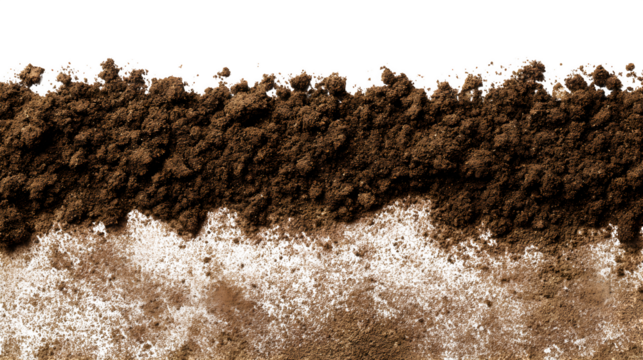 Brown humus soil forming a bottom border pile on a white background