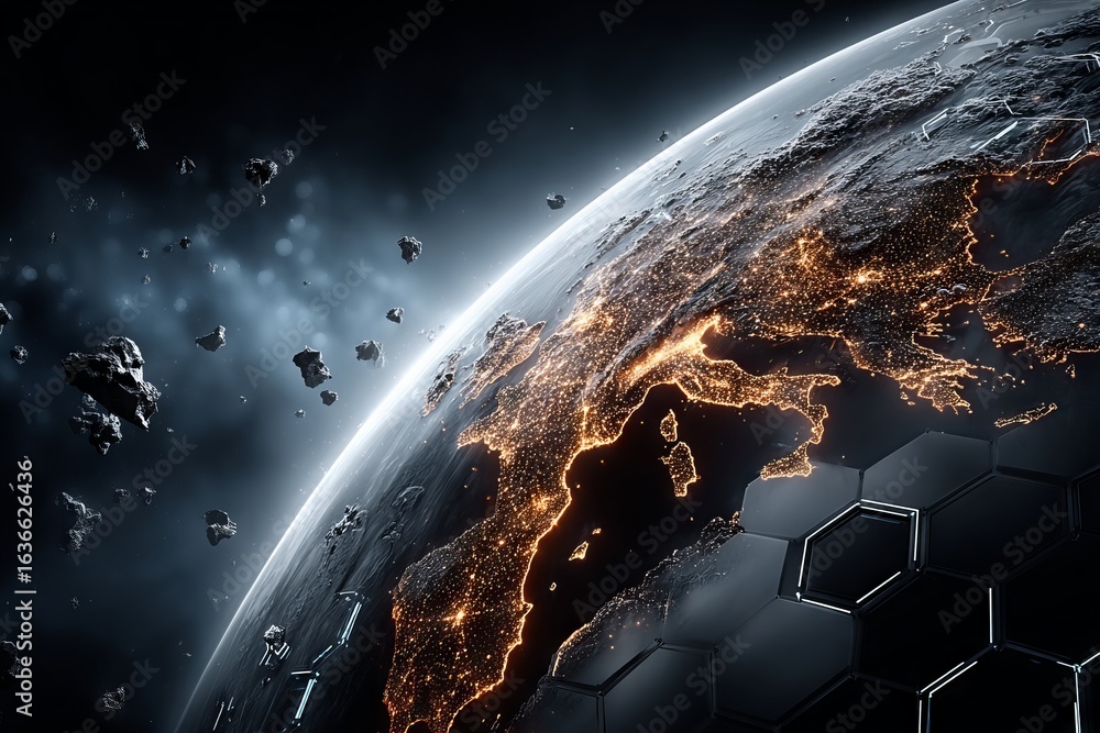 Poster a blue and white planet with a hexagonal background
