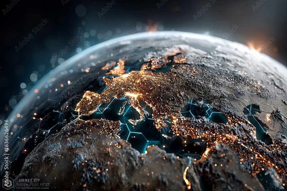Poster a blue and white planet with a hexagonal background