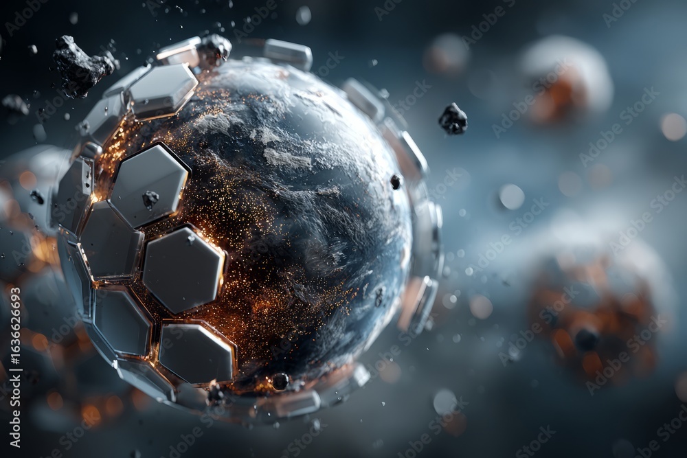 Poster a blue and white planet with a hexagonal background