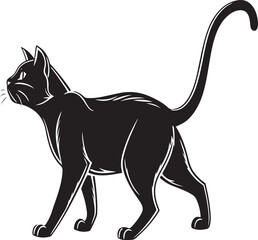 Black cat walking left profile with white outline detail