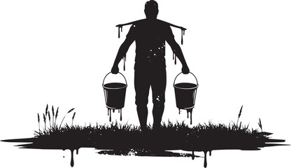 Silhouette of a hardworking man carrying buckets with a yoke on