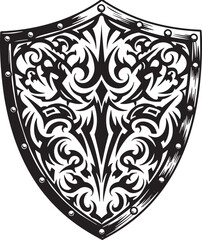 Ornate Medieval Shield Crest with Intricate Black and White Trib