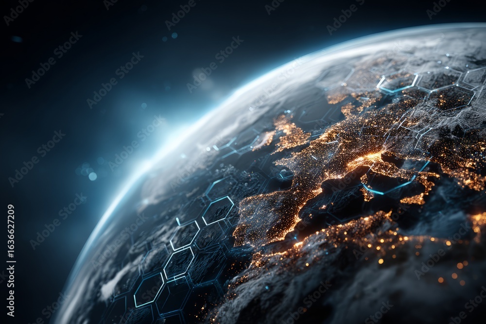 Poster a blue and white planet with a hexagonal background