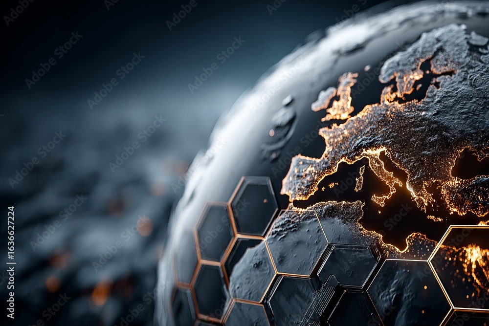 Poster a blue and white planet with a hexagonal background