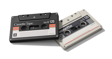 Perfectly cut-out image of white and black cassettes tape - Perspective view - isolated background and shadow - Exclusive Mockups for Branding and Packaging Design