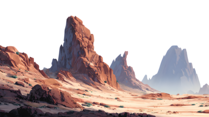 Desert mountain landscape with rocky peaks on a white background