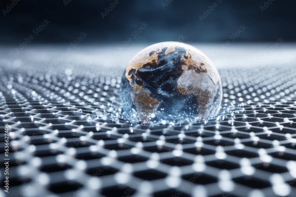 Poster a blue and white planet with a hexagonal background